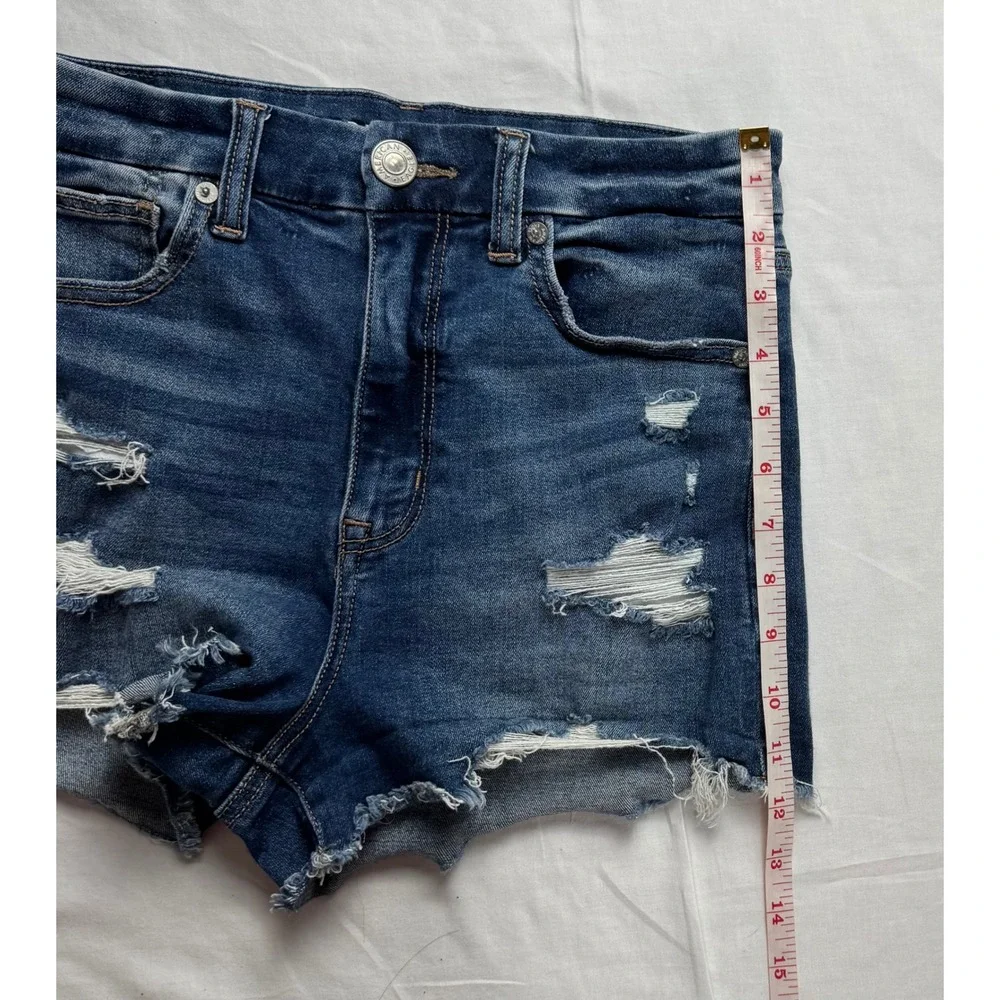 American Eagle Curvy Hi-Rise Shortie Distressed Denim‎ Shorts Blue Womens Size 4